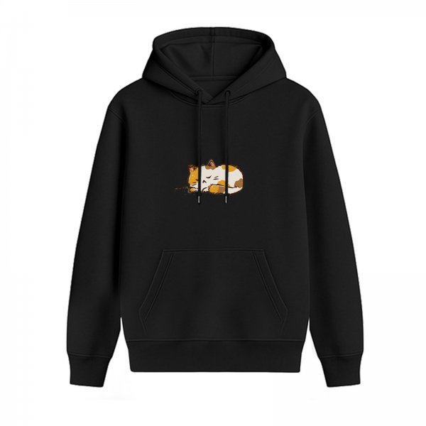 Black Hoodie With Cute Sleeping Calico Cat Graphic