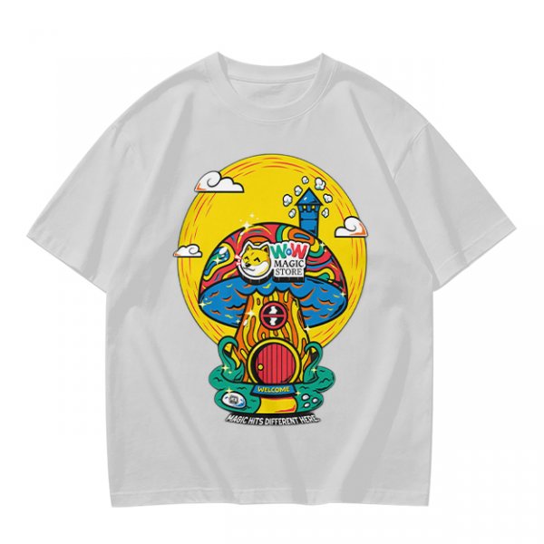 Olive T-Shirt with Trippy Mushroom House Graphic Design