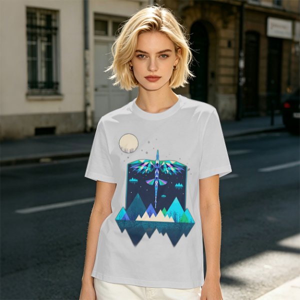 Olive T-Shirt With Geometric Dragonfly Mountain Night Scene Print