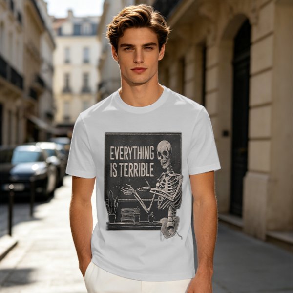 Olive t-shirt with skeleton teacher and 'Everything Is Terrible' print