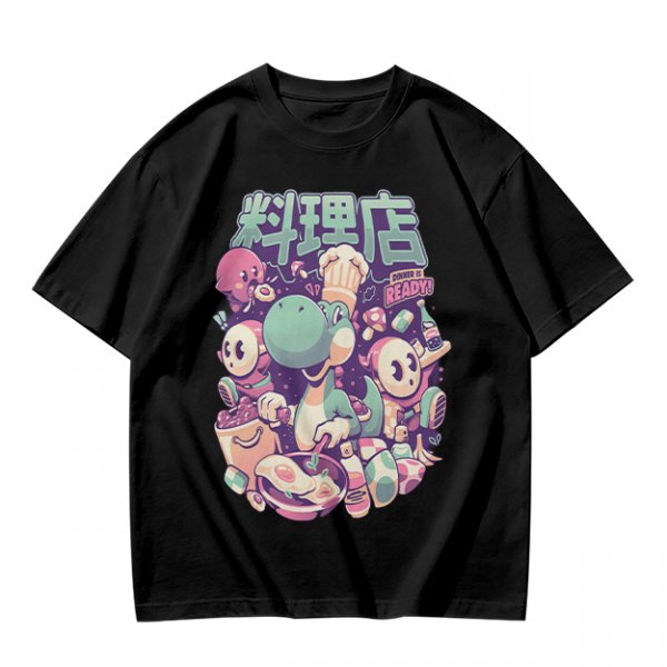 Olive t-shirt with dinosaur chef and cute character cooking graphic