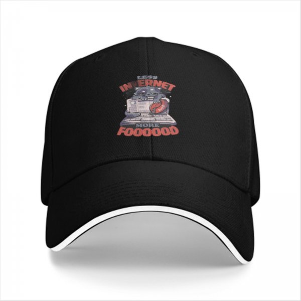 Black baseball cap with 'Less Internet More Food' cat laptop print