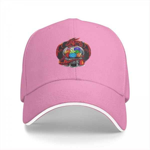 Black baseball cap with red dragon holding polyhedral dice design