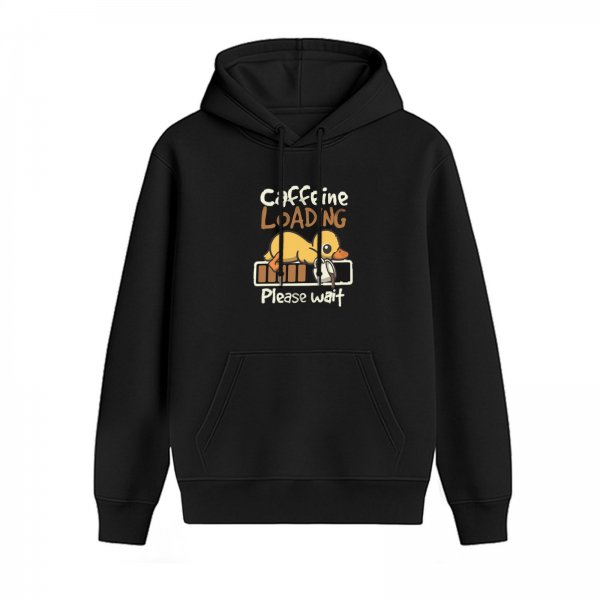 Black hoodie with caffeine loading duck graphic design
