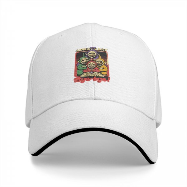 Black baseball cap with creepy Teletubbies 'Always Say Bye-bye' print