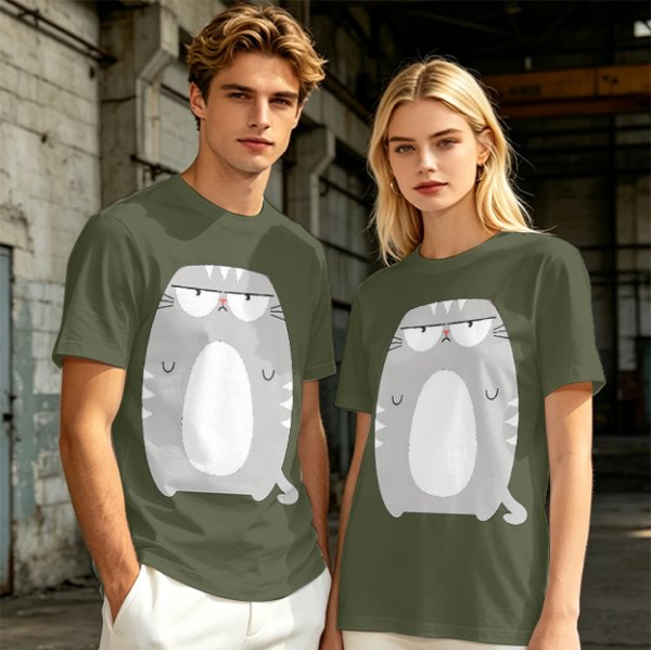 Olive Green T-Shirt With Grumpy Chubby Gray Cat Graphic