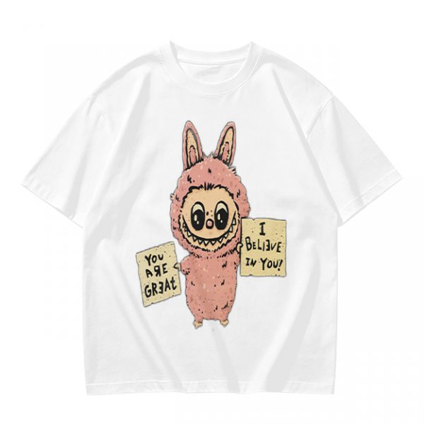 Olive T-shirt with a cute bunny monster holding You Are Great and I Believe In You signs