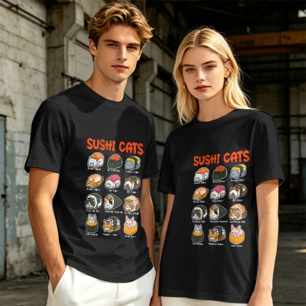 Olive T-Shirt With Sushi Cats Graphic Print