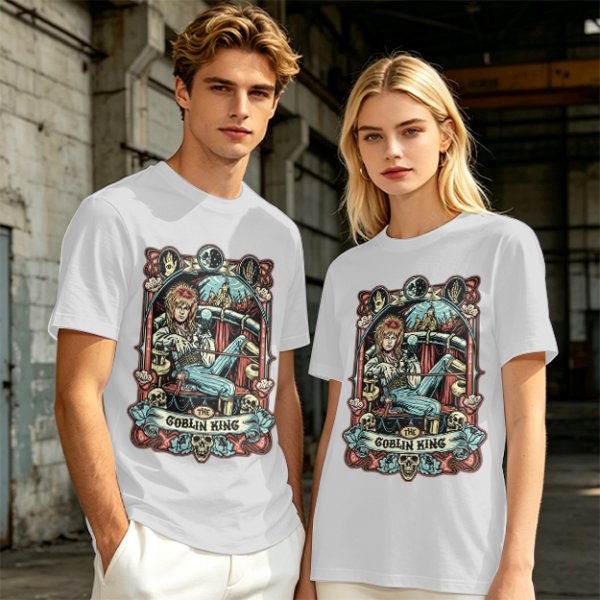 Olive green t-shirt featuring The Goblin King tarot-style artwork