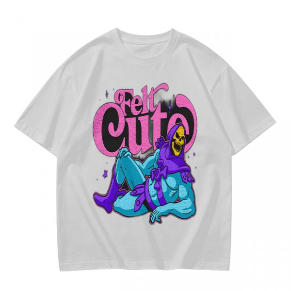 Olive t-shirt with 'Felt Cute' Skeletor graphic print