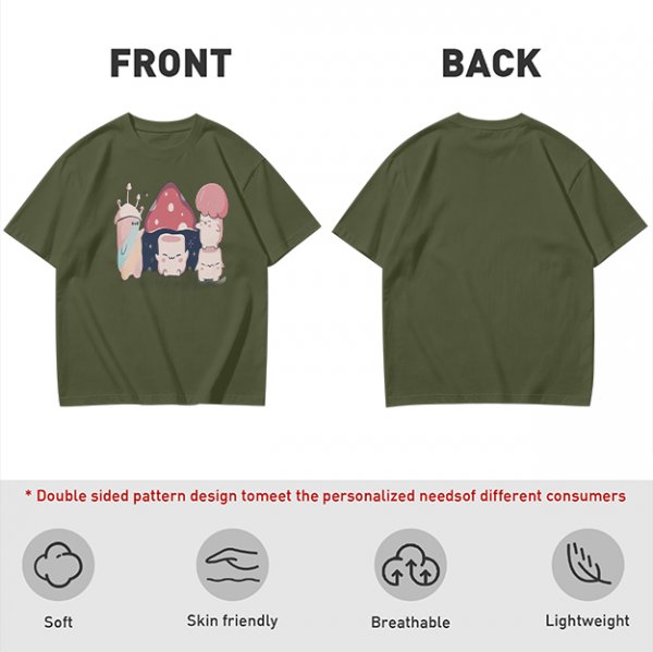 Olive Green T-Shirt With Cute Mushroom Creature Graphic