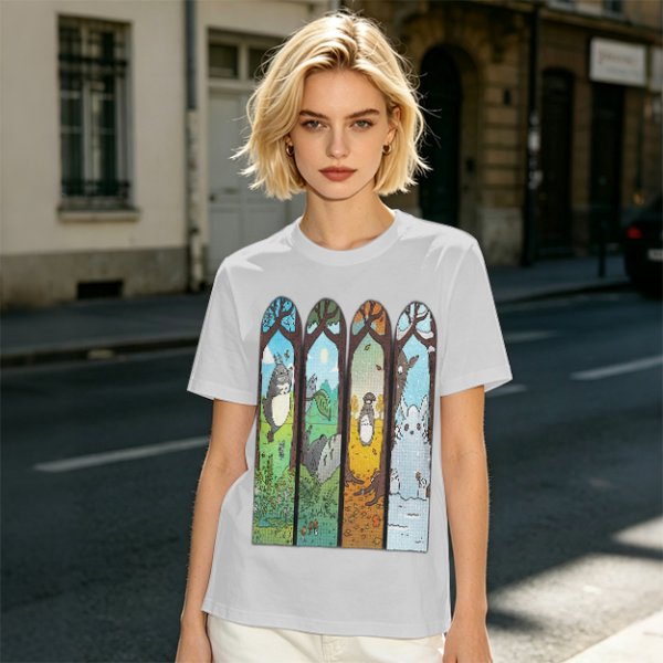 Olive T-Shirt With Stained Glass Style Four Seasons Forest Creature Art