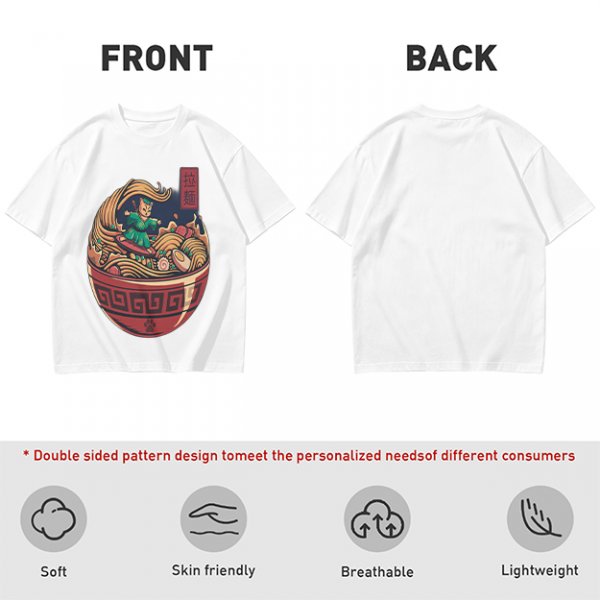 Olive T-shirt with Samurai Cat Surfing Ramen Bowl Art