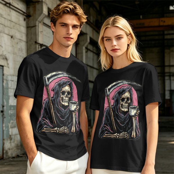 Olive T-Shirt Featuring Grim Reaper Holding Coffee and Scythe