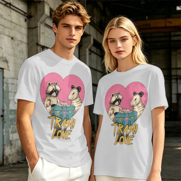 Olive Graphic T-Shirt with Raccoon and Opossum Trash Love Design