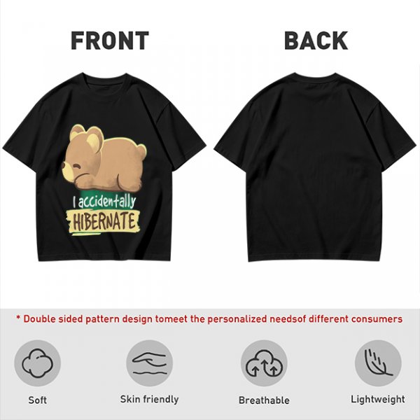 Olive t-shirt with sleeping bear and 'I accidentally hibernate' text