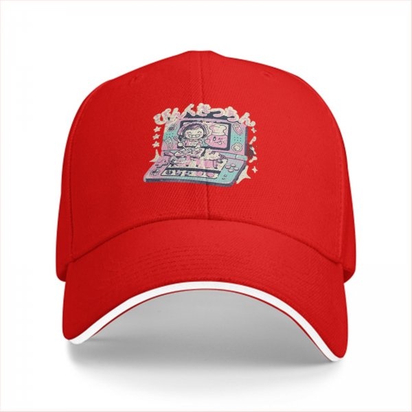 Black baseball cap with pastel handheld gaming and anime character print