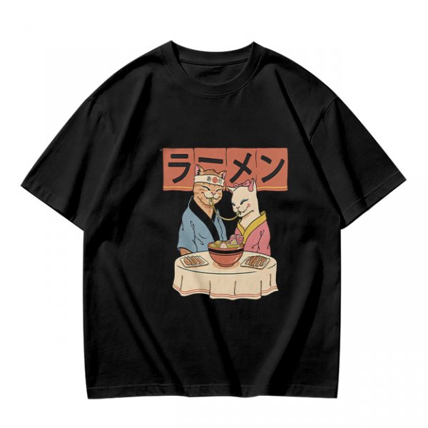 Olive T-Shirt With Cats Eating Ramen Japanese Art Print