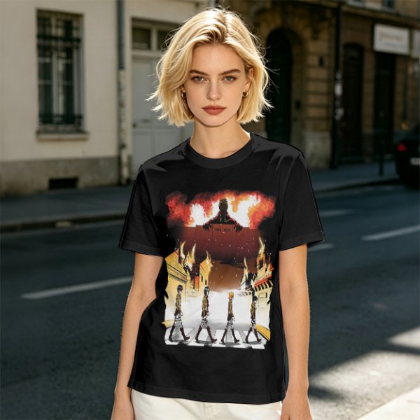 Olive T-Shirt With Anime Characters Crossing Burning Street Print
