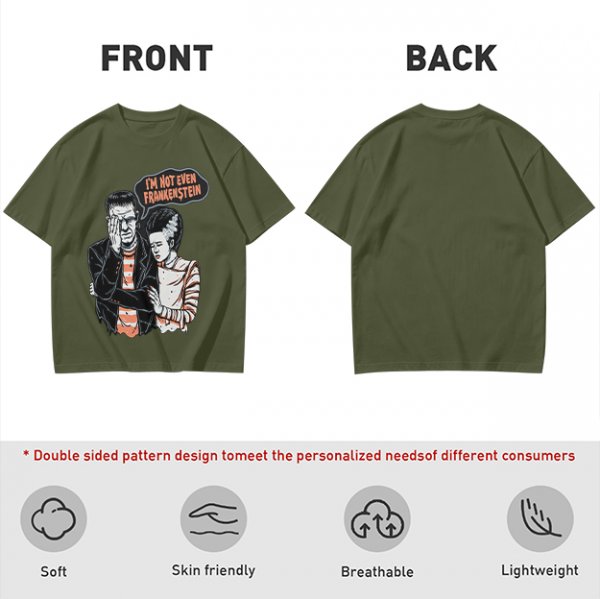 Olive T-shirt with Frankenstein and Bride 'I'm Not Even Frankenstein' Print