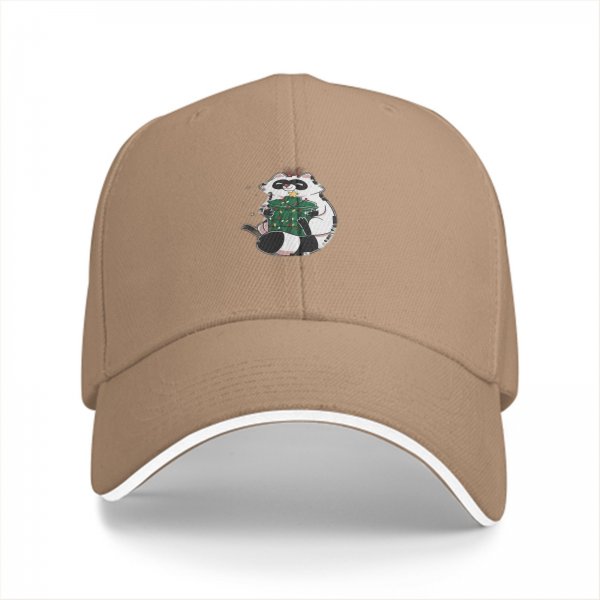 Black baseball cap with cute raccoon holding a decorated Christmas tree