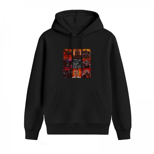 Black hoodie with horror themed graphic print of characters and text