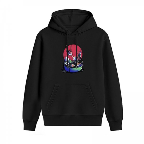 Black Hoodie With Playful Sushi Character Art Print