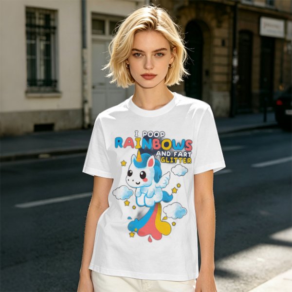 Olive t-shirt with playful unicorn rainbow poop and glitter fart graphic