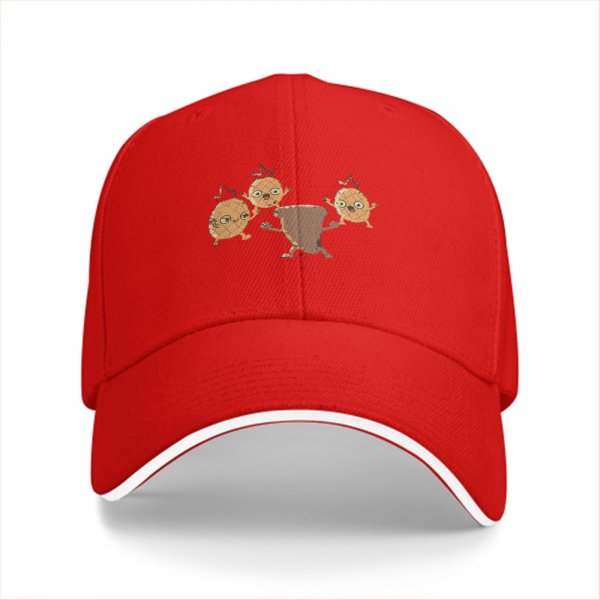Black baseball cap with dancing pineapple and coffee cup characters