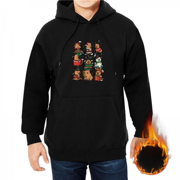 Black Hoodie With Cute Christmas Capybara Illustrations