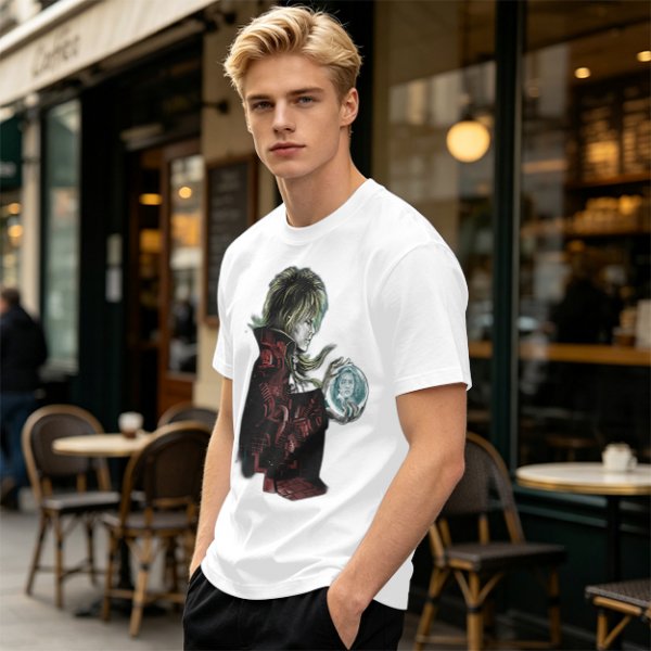 Olive Green T-Shirt With Goblin King Holding Crystal Ball Art