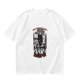 Olive t-shirt with cat kitchen graphic and 'Return to bed human' text