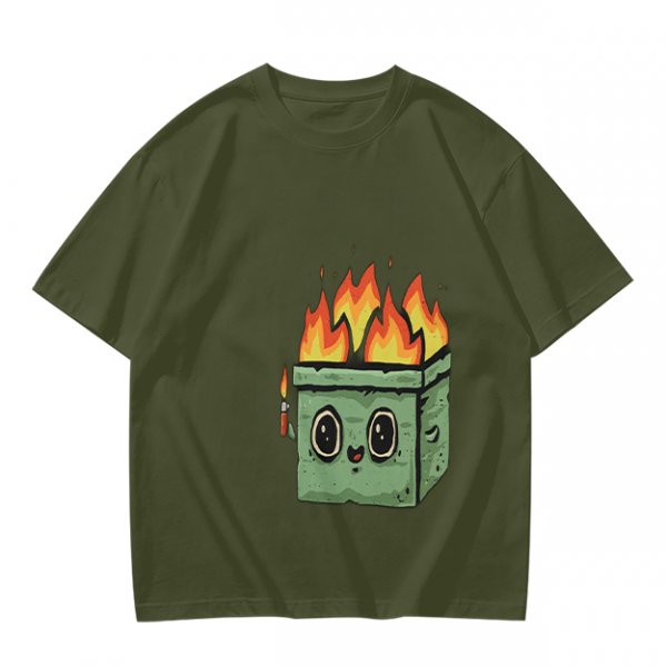 Olive green t-shirt with a cartoon burning box graphic