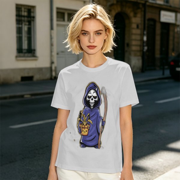 Olive T-Shirt With Cute Grim Reaper Holding Wilted Potted Plant Print