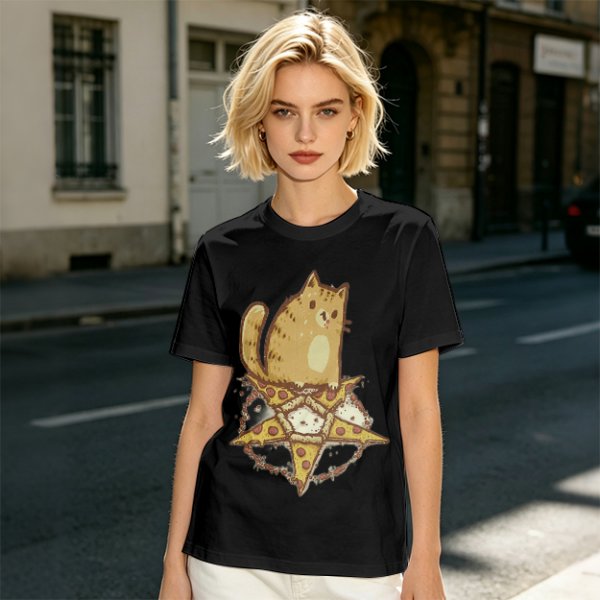 Olive T-Shirt With Cat Sitting On Pizza Pentagram Artwork