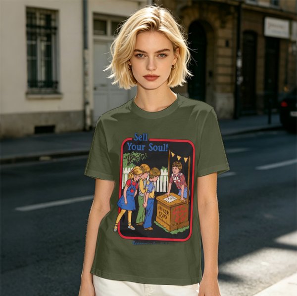 Olive graphic t-shirt with 'Sell Your Soul' kids stand print