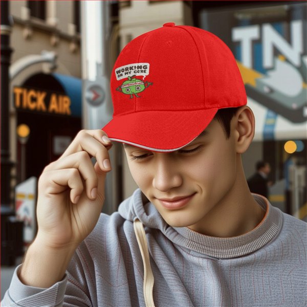 Black baseball cap with 'Working On My Core' fitness apple graphic