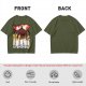 Olive T-Shirt With Anime Characters Crossing Burning Street Print