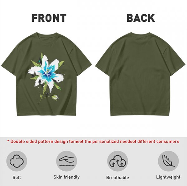 Olive Green T-Shirt with Watercolor Blue Lily Flower Print