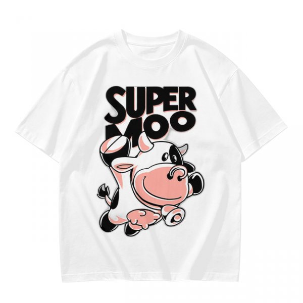 Olive green t-shirt with 'SUPER MOO' and cartoon cow graphic