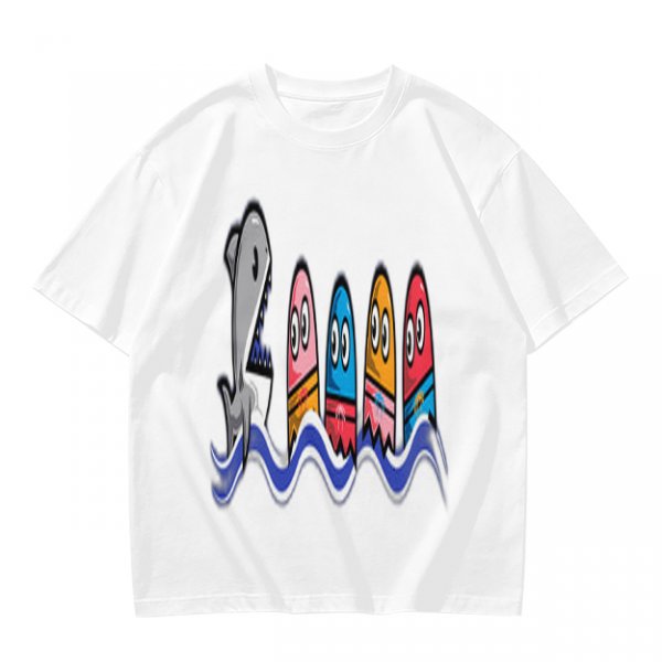 Olive T-Shirt With Shark And Colorful Ghost Creatures Print