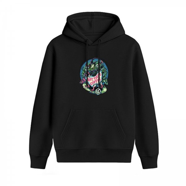 Black hoodie with spooky 'But First Coffee' graphic print