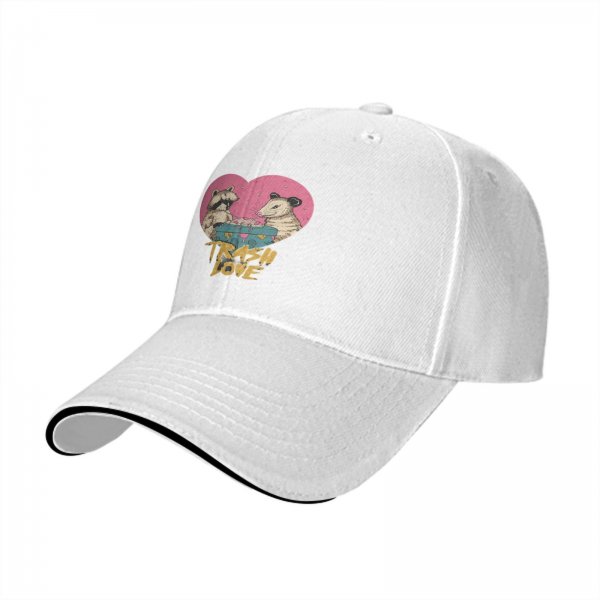 Black baseball cap with Trash Love raccoon and opossum heart graphic