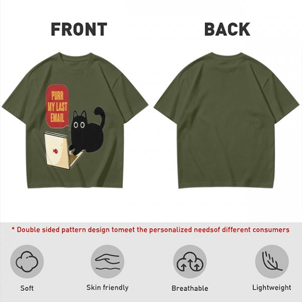 Black cat typing on laptop with 'Purr My Last Email' graphic t-shirt