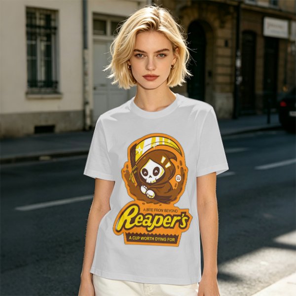 Olive green graphic t-shirt with cute reaper coffee themed print