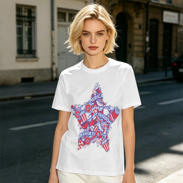 Olive T-Shirt With Patriotic Star Fast Food Print