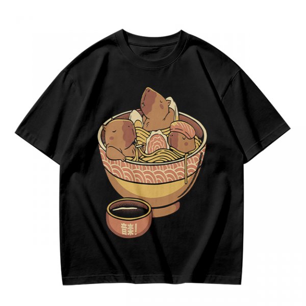 Olive Green T-Shirt With Capybara Ramen Bowl Print