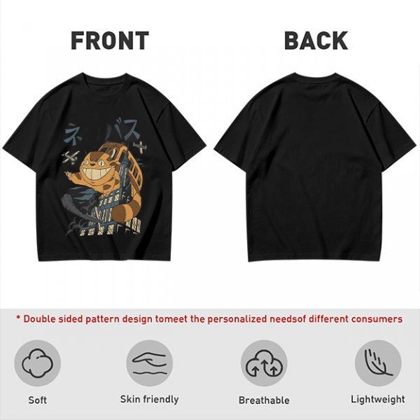 Olive T-shirt with giant cat bus monster and vintage planes graphic