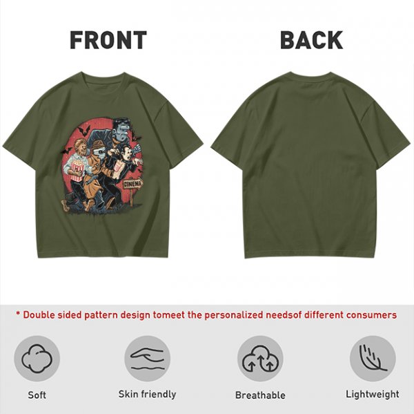 Olive T-Shirt with Classic Horror Monsters Going to Cinema Print