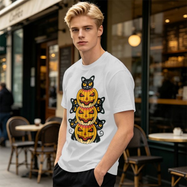 Olive Halloween T-Shirt with Stacked Jack-o'-Lanterns and Black Cats